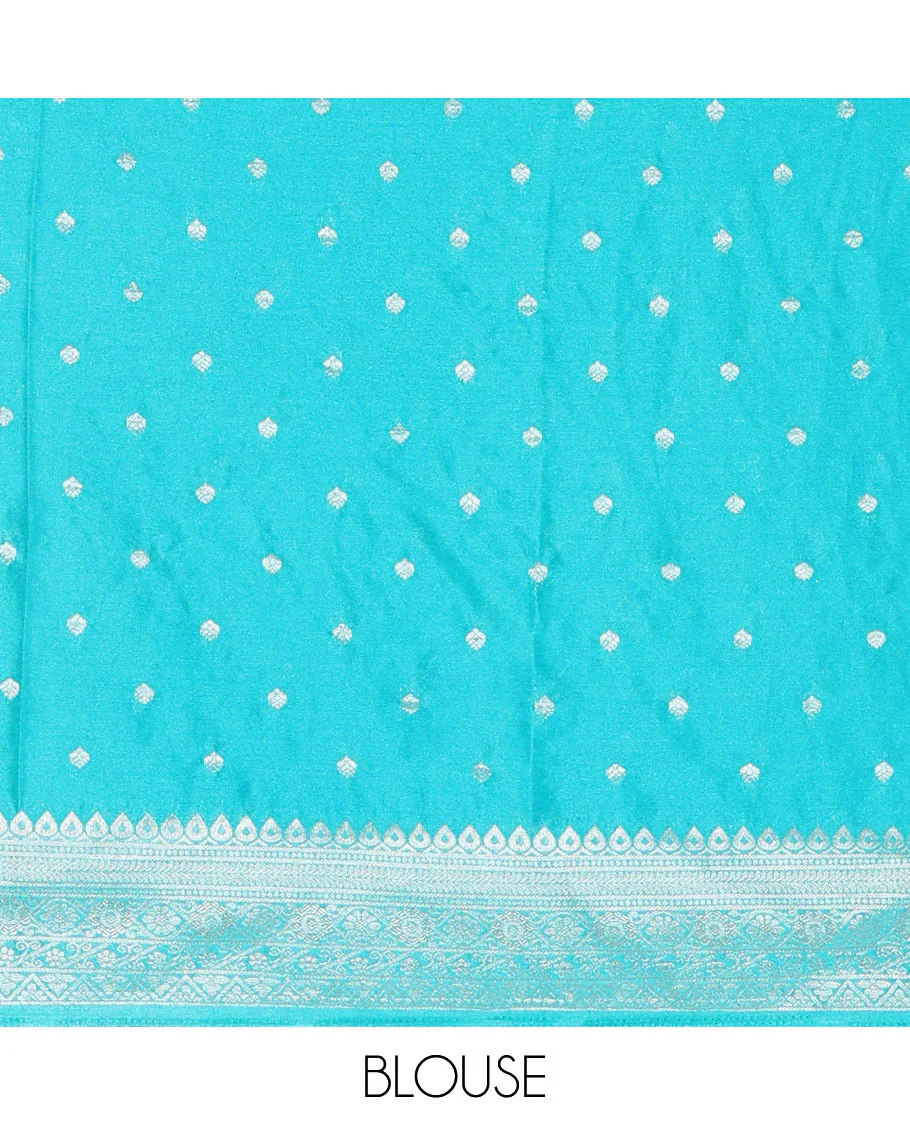 Rama green geometric and intricate designs zari woven fancy crepe saree, traditional zari border, floral-star gridded pallu, and a matching blouse - Image 4