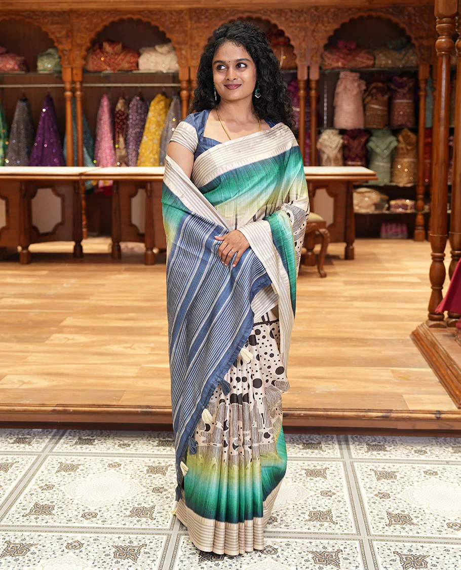 Rama green geometric patterns and polka dots printed semi-tussar saree, contrast horizontal striped zari border, striped pallu, and a contrast blouse - Image 3