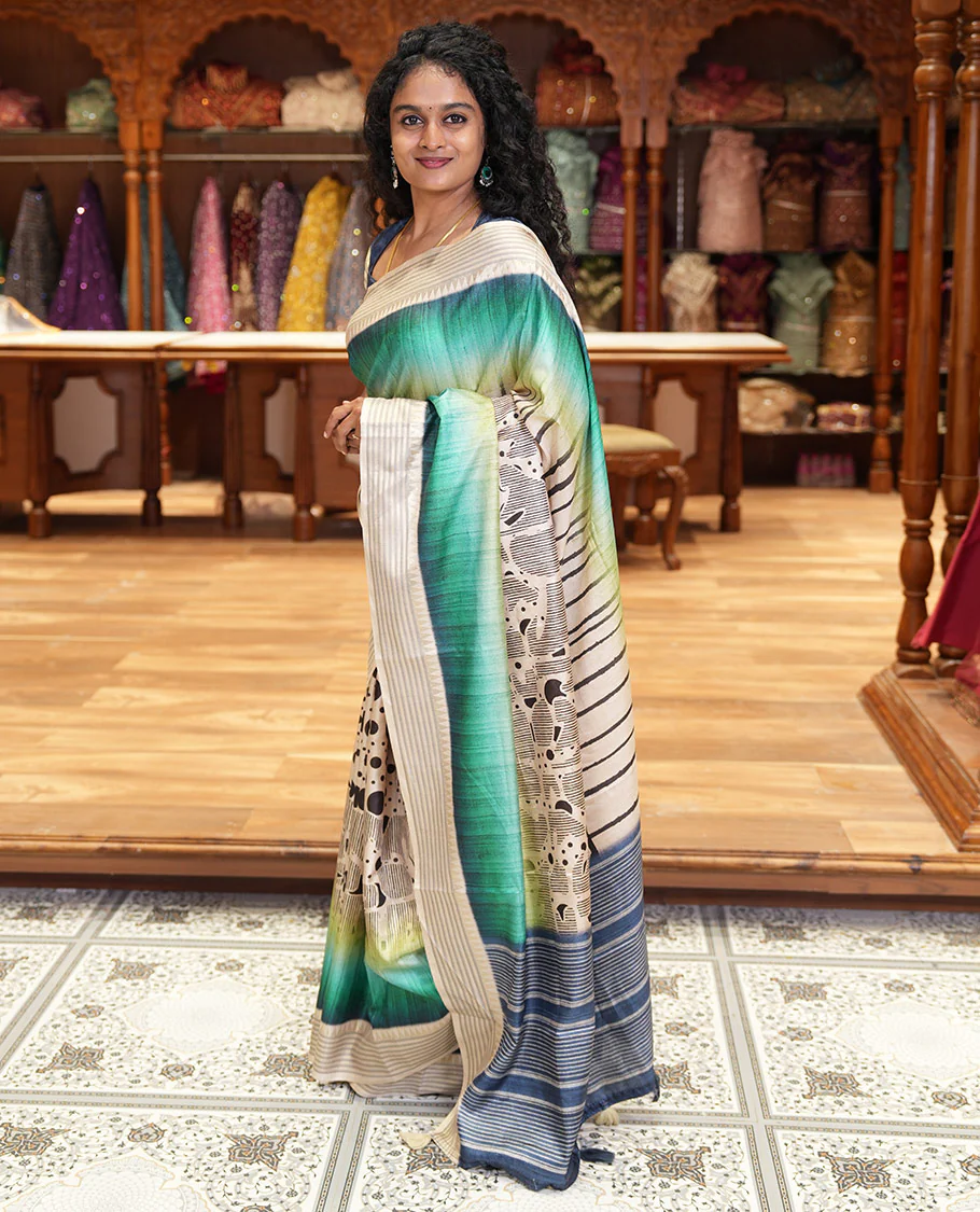 Rama green geometric patterns and polka dots printed semi-tussar saree, contrast horizontal striped zari border, striped pallu, and a contrast blouse - Image 4