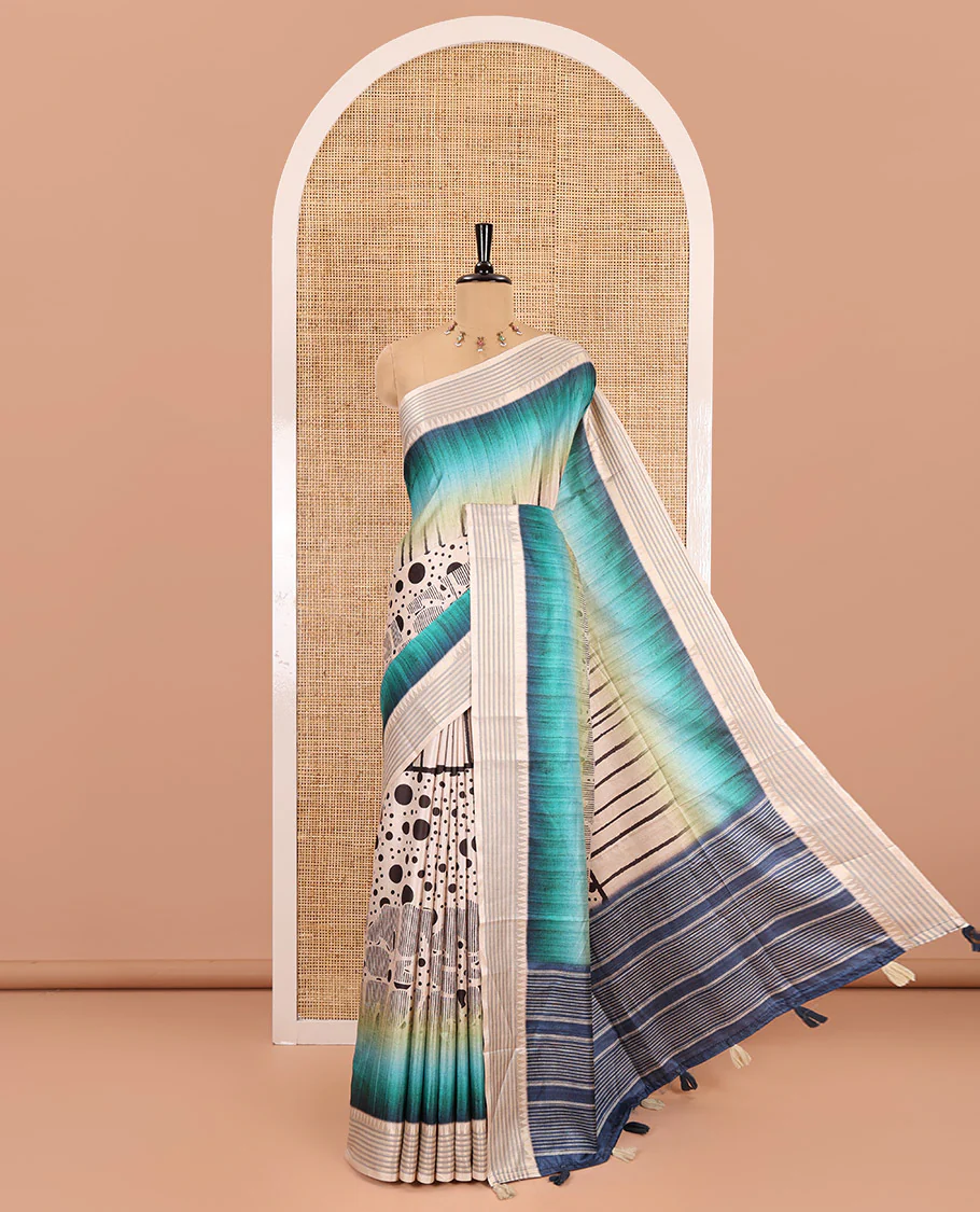 Rama green geometric patterns and polka dots printed semi-tussar saree, contrast horizontal striped zari border, striped pallu, and a contrast blouse - Image 5