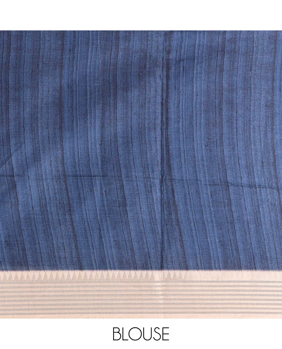 Rama green geometric patterns and polka dots printed semi-tussar saree, contrast horizontal striped zari border, striped pallu, and a contrast blouse - Image 7