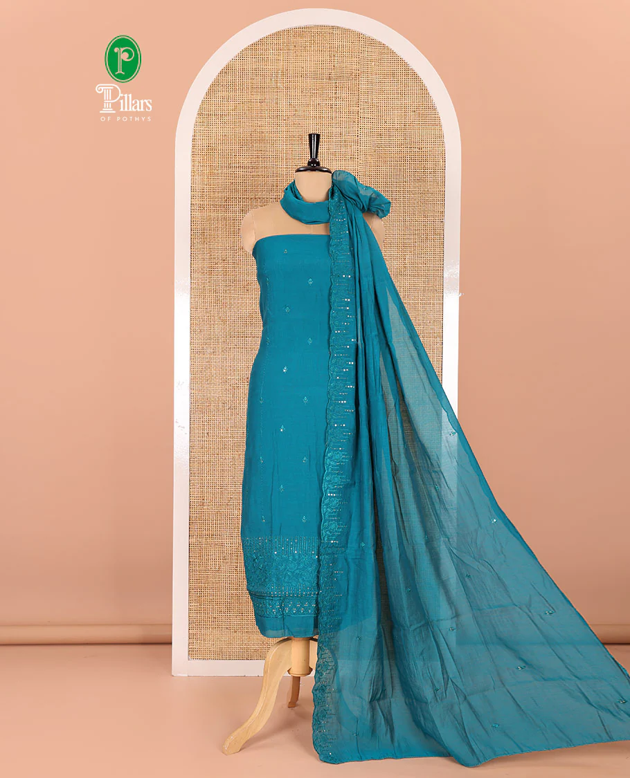 Rama green material chudidar set, Kashmir embroidered and sequins work mul chanderi top, plain santoon bottom, and scallop embroidered dupatta