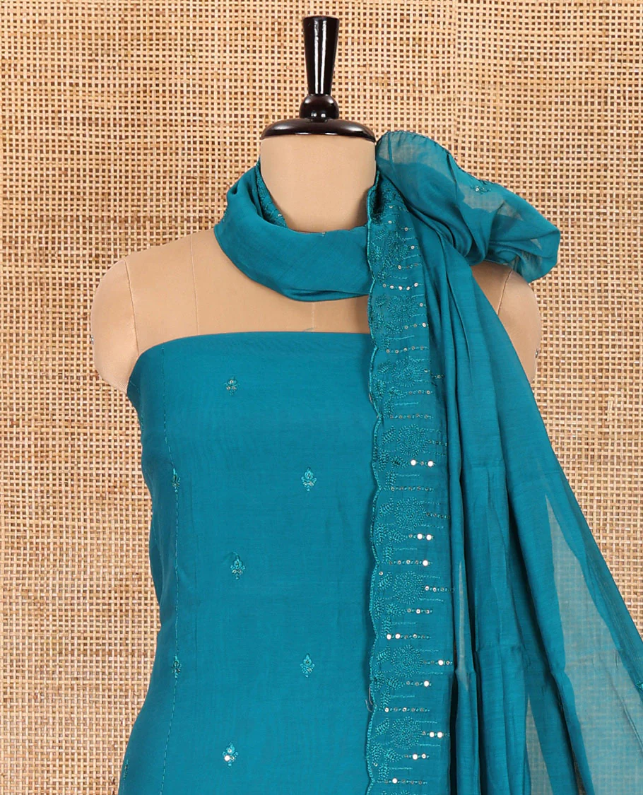 Rama green material chudidar set, Kashmir embroidered and sequins work mul chanderi top, plain santoon bottom, and scallop embroidered dupatta - Image 3