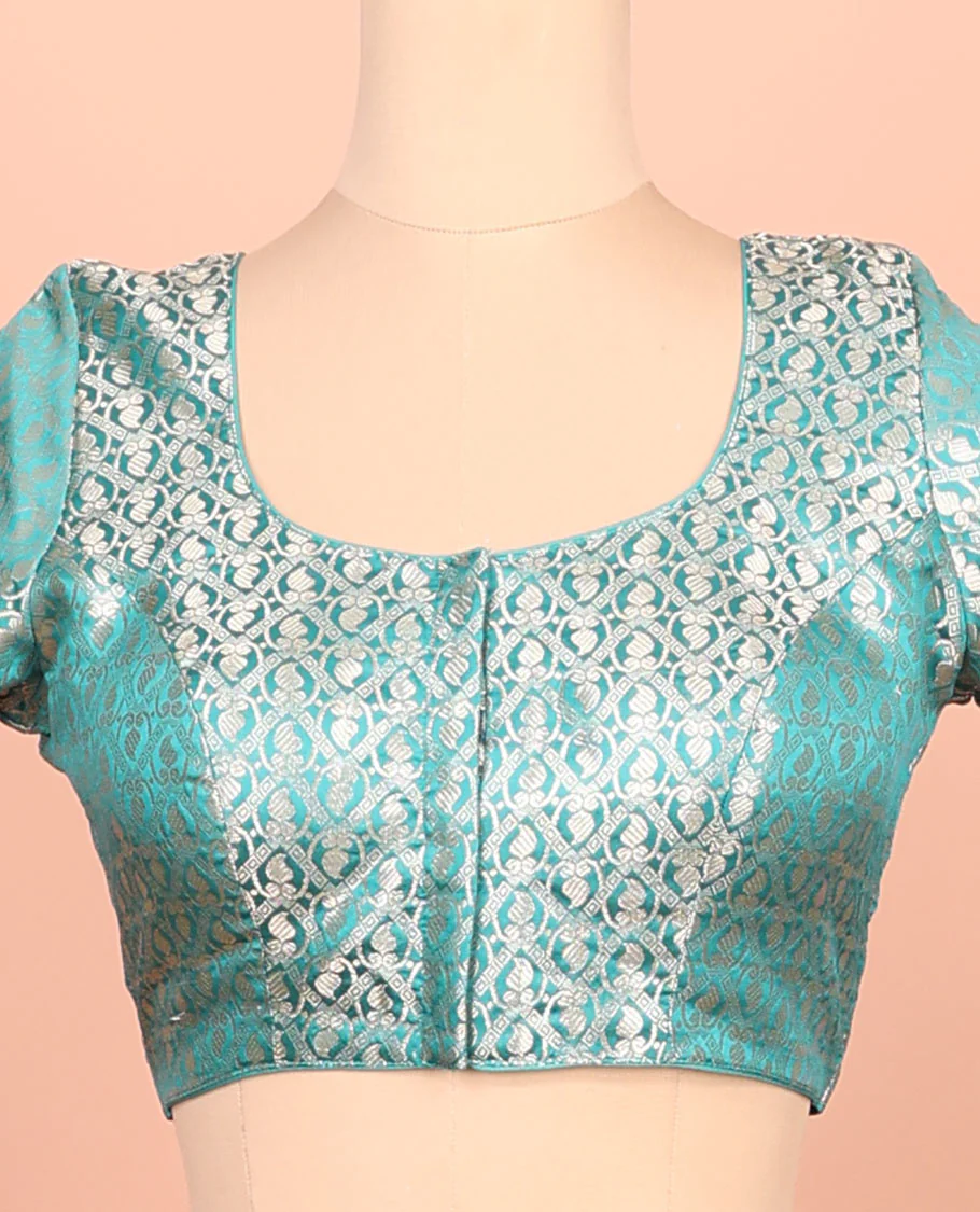 Rama green paisleys-theme jacquard front-back round neck elbow-sleeve readymade blouse - Image 3