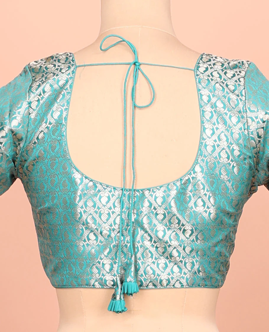 Rama green paisleys-theme jacquard front-back round neck elbow-sleeve readymade blouse - Image 4