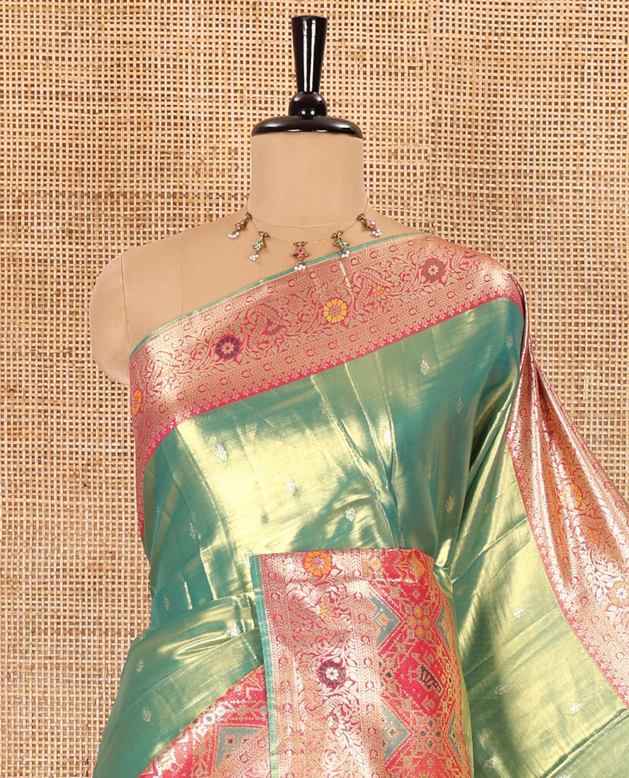 Rama green zari buttas tissue silk saree, contrast border of patola design and traditional motifs, jaal pallu, and a matching blouse - Image 2