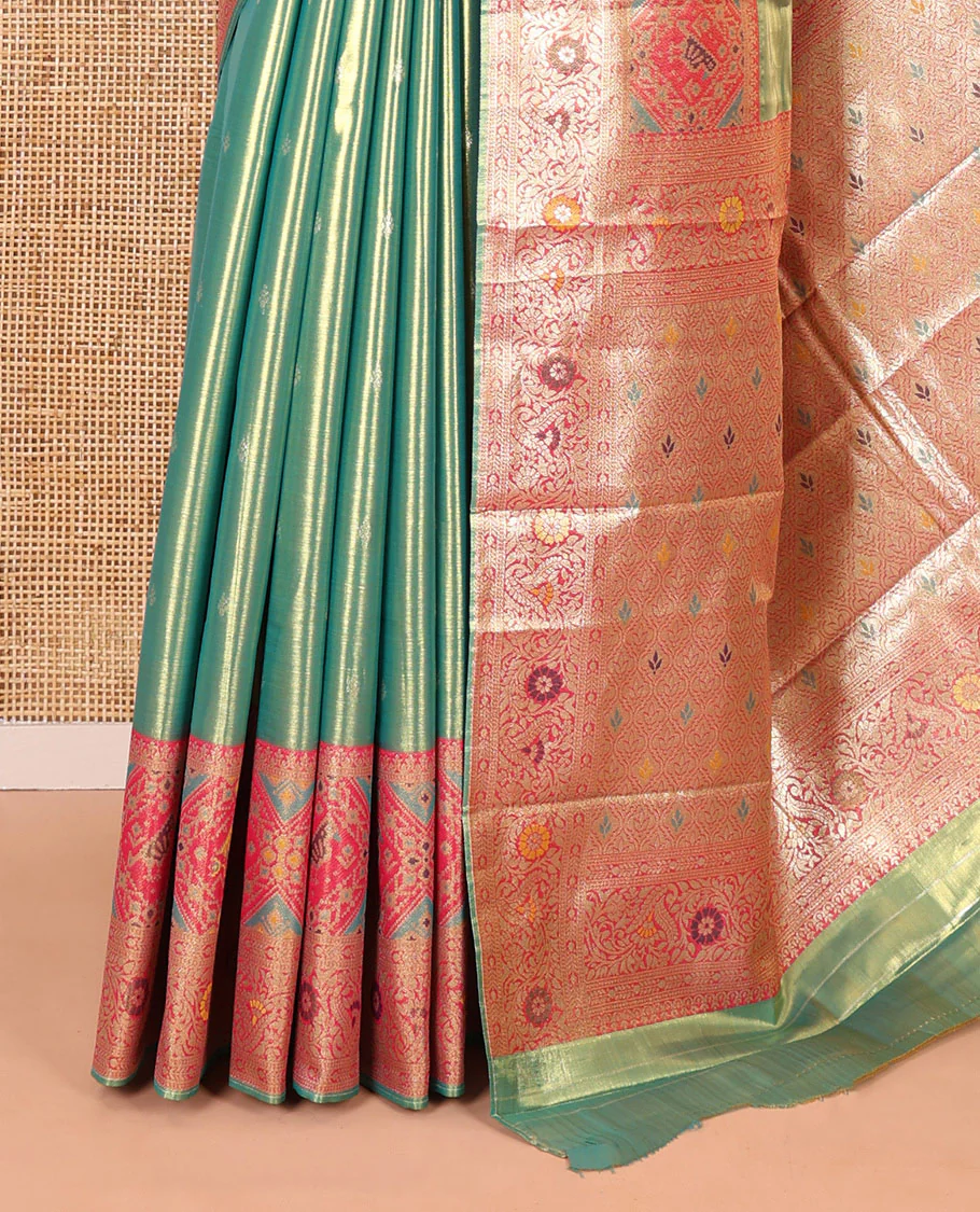Rama green zari buttas tissue silk saree, contrast border of patola design and traditional motifs, jaal pallu, and a matching blouse - Image 3