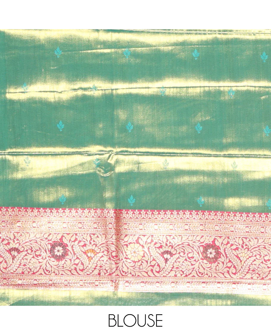 Rama green zari buttas tissue silk saree, contrast border of patola design and traditional motifs, jaal pallu, and a matching blouse - Image 4