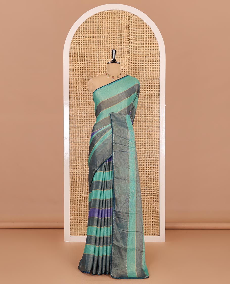 Rama horizontal striped fendy chiffon saree, piping border, striped palu, and blouse of sequins and zari buttas - Image 2