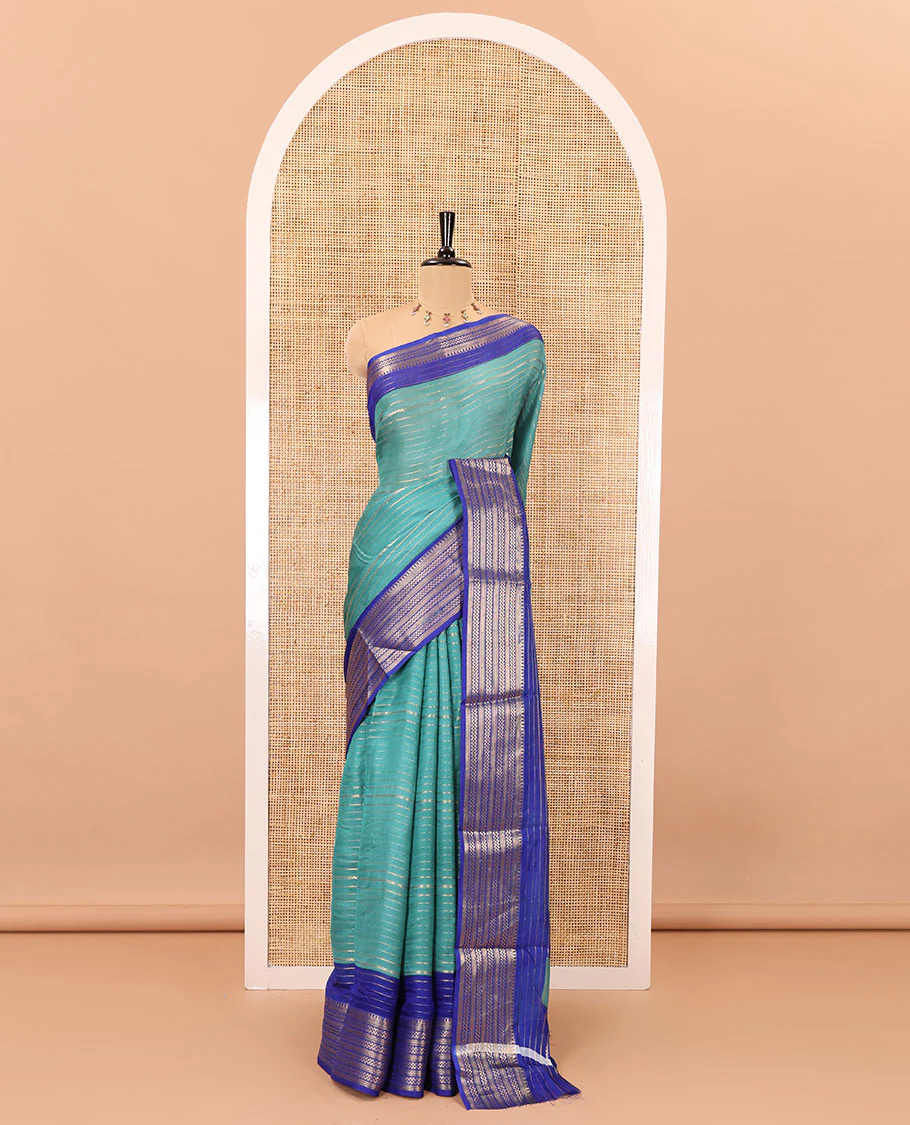 Rama horizontal zari striped moss chiffon saree, contrast traditional zari border, striped pallu, and a contrast zari design blouse - Image 2