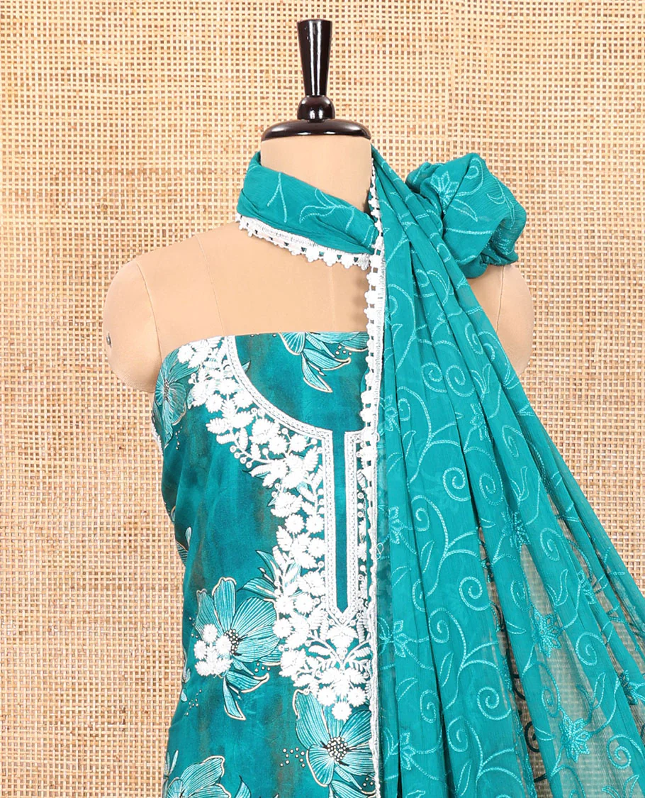 Rama Material Chudidar Set Accentuated with Phulkari-Style Floral Embroidery and Floral Print Rayon Top, Subtly Made Plain Rayon Bottom, and a Chiffon Georgette Dupatta of Floral Theme Designs - Image 3