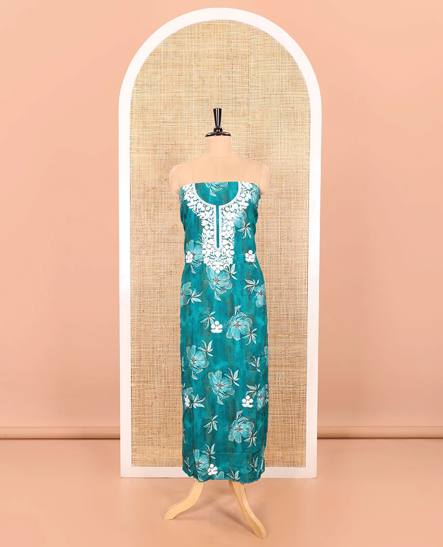 Rama Material Chudidar Set Accentuated with Phulkari-Style Floral Embroidery and Floral Print Rayon Top, Subtly Made Plain Rayon Bottom, and a Chiffon Georgette Dupatta of Floral Theme Designs - Image 4