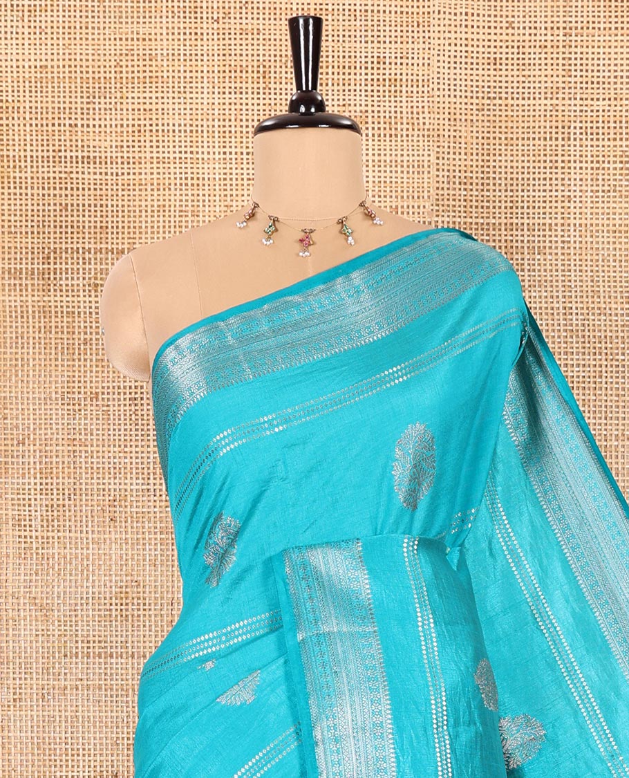 Rama Semi-Tussar Saree Accentuated with Gold Zari Stripes and Elegant Paisley Zari Buttas, Featuring a Subtly Shimmering Pallu Adorned with Traditional Zari Designs, and Paired with a Matching Blouse - Image 2
