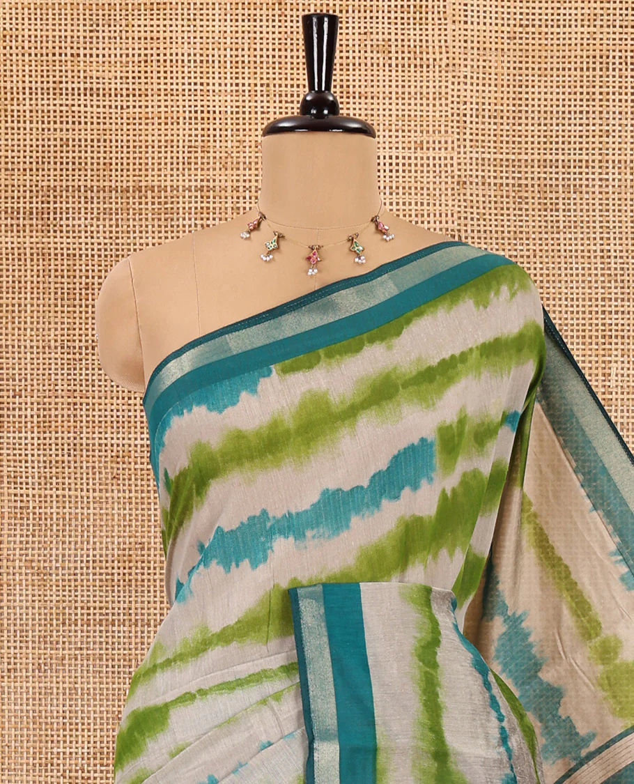 Rama shibori printed muslin cotton saree, contrast zari border, village theme printed pallu, and a contrast dots printed blouse - Image 2