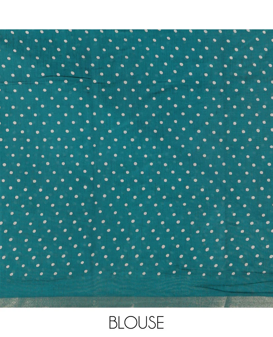 Rama shibori printed muslin cotton saree, contrast zari border, village theme printed pallu, and a contrast dots printed blouse - Image 3