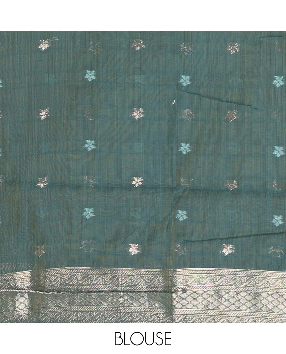 Rama zig-zag style ikkat design with buttas Munga cotton saree, zari jacquard blouse, ogee patterned pallu, and a contrast border of thread and zari buttas - Image 3
