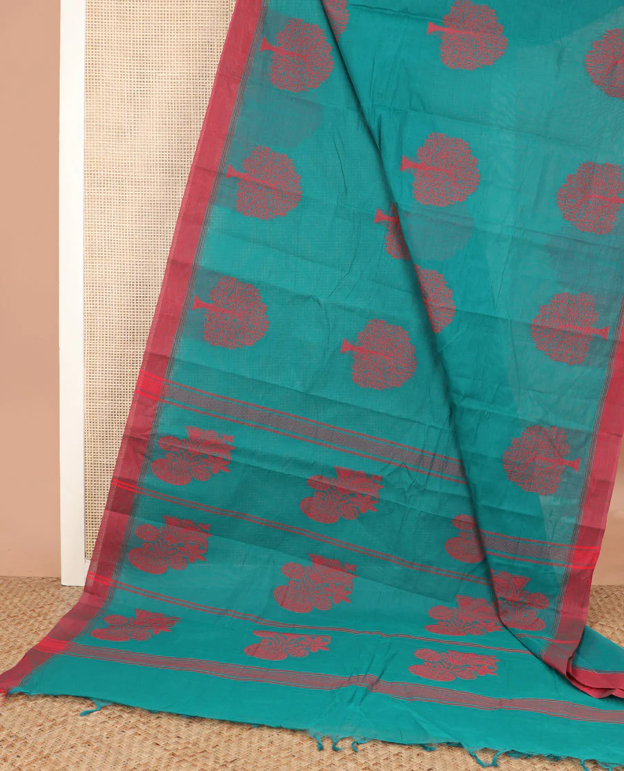Ramar blue tree buttas kanchi cotton saree, contrast plain border, and floral potted pallu - Image 2