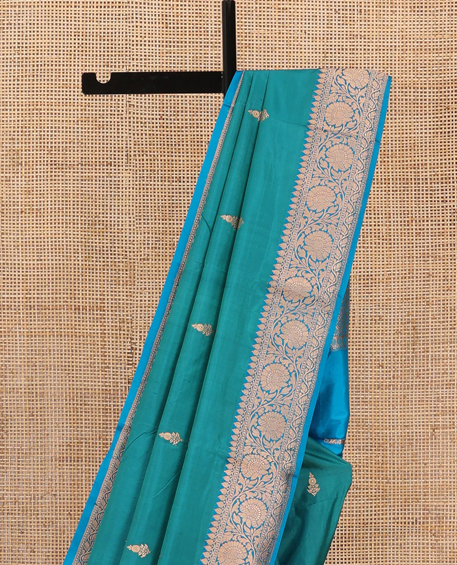 Ramar blue zari buttas katan silk saree, contrast traditional border of floral creeper design, and jaal pallu - Image 3
