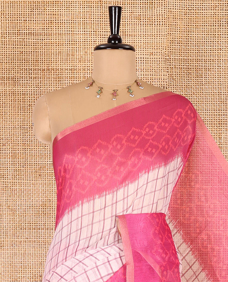 Rani checked linen cotton saree, contrast pochampally style geometric printed border, pochampally printed pallu, and a diamond patterns printed blouse - Image 2