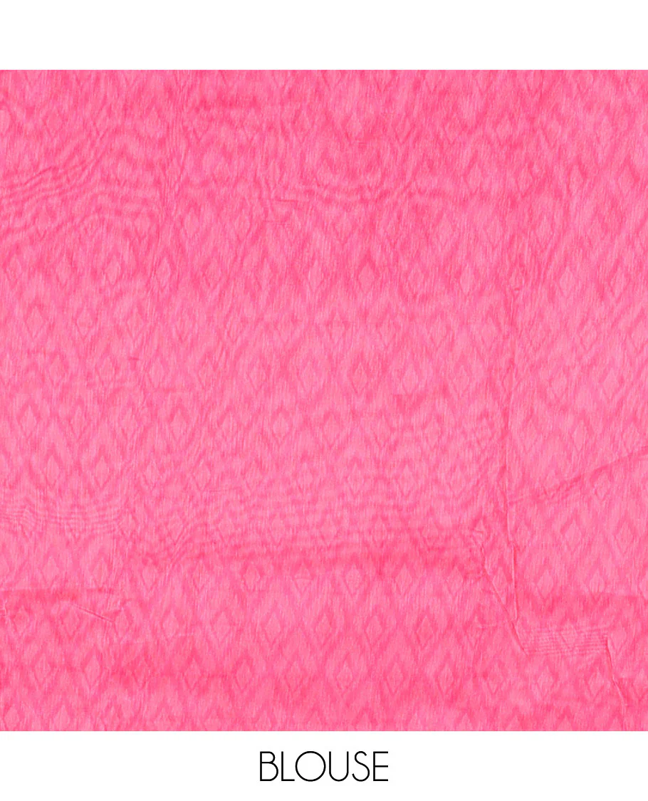 Rani checked linen cotton saree, contrast pochampally style geometric printed border, pochampally printed pallu, and a diamond patterns printed blouse - Image 3