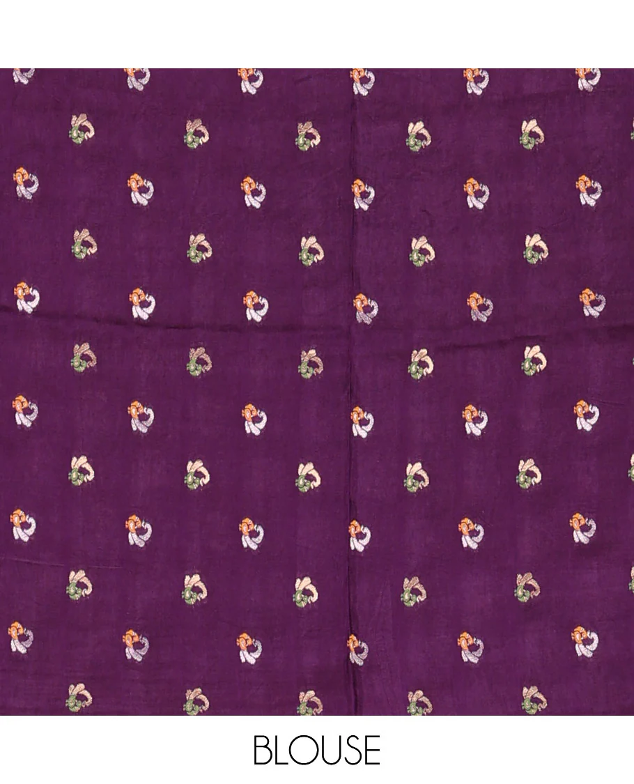 Rani elephant motifs woven Russian silk saree, traditional motifs piping border, zari striped pallu, and a contrast buttas blouse - Image 3