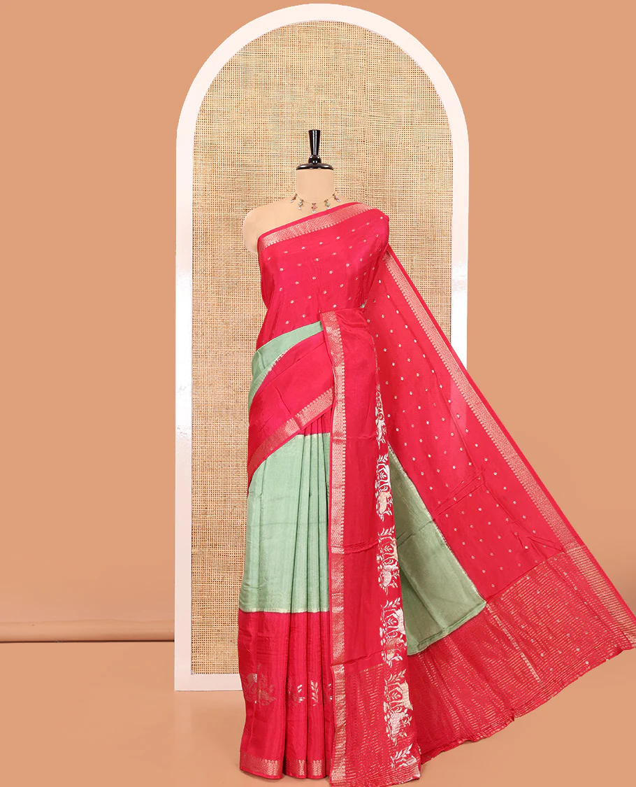 Rani pink and green three-part, uniquely woven Russian silk saree features zari buttas and deer motifs, traditional motifs border, striped pallu, and a contrast buttas blouse