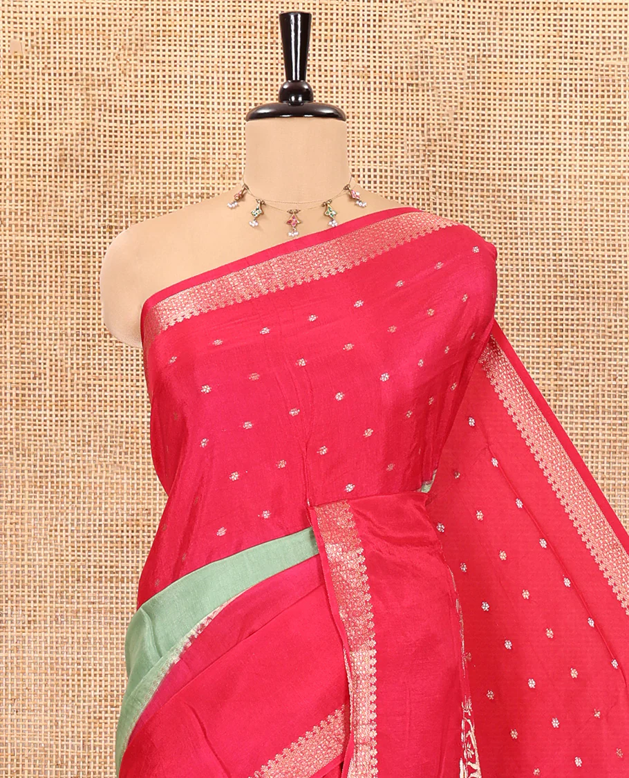Rani pink and green three-part, uniquely woven Russian silk saree features zari buttas and deer motifs, traditional motifs border, striped pallu, and a contrast buttas blouse - Image 2