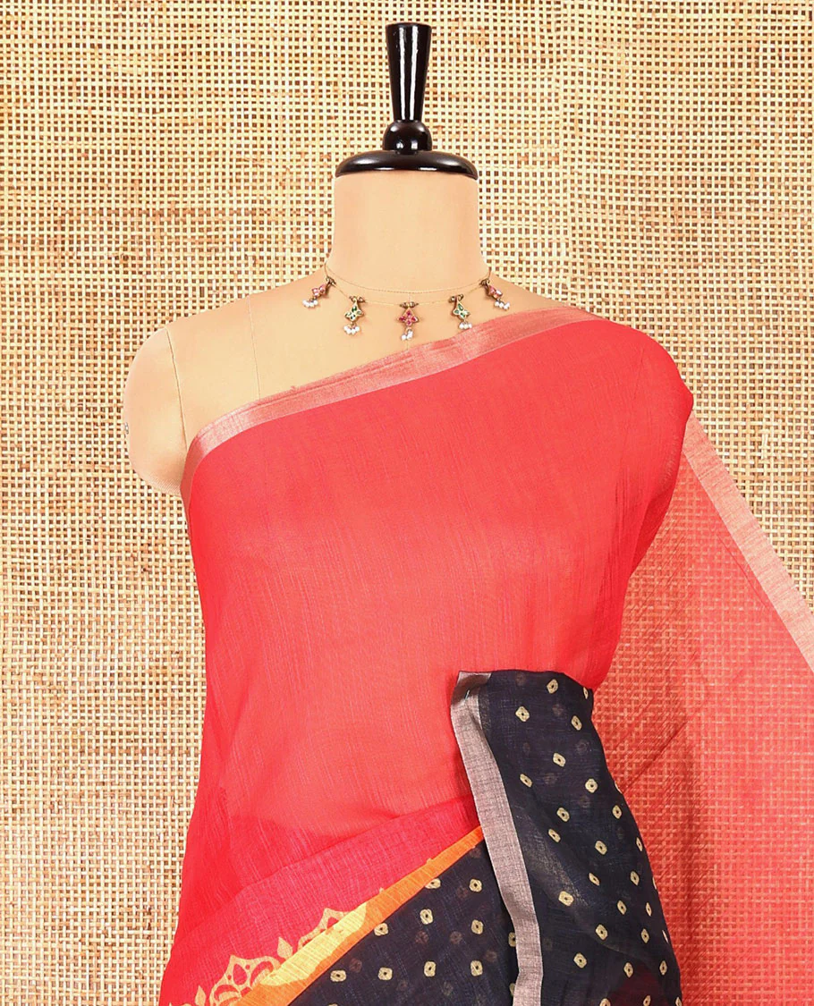 Rani pink batik and bandhani motifs printed linen cotton saree, zari piping border, and a contrast bandhani printed blouse - Image 2