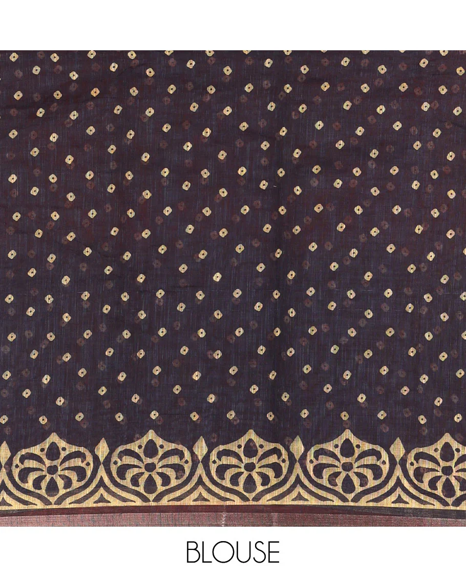 Rani pink batik and bandhani motifs printed linen cotton saree, zari piping border, and a contrast bandhani printed blouse - Image 3