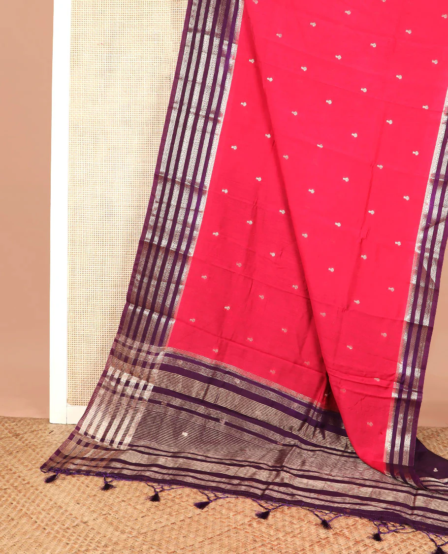 Rani pink buttas assam silk saree, contrast traditional zari border, and pallu of zari design - Image 2