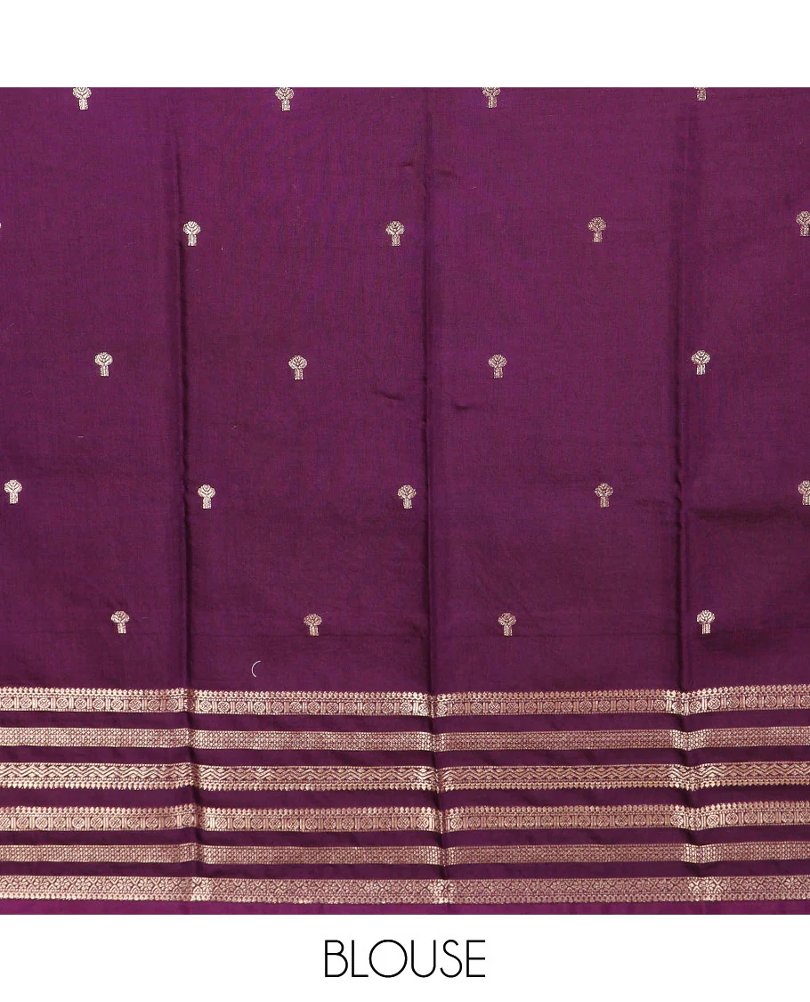 Rani pink buttas assam silk saree, contrast traditional zari border, and pallu of zari design - Image 3
