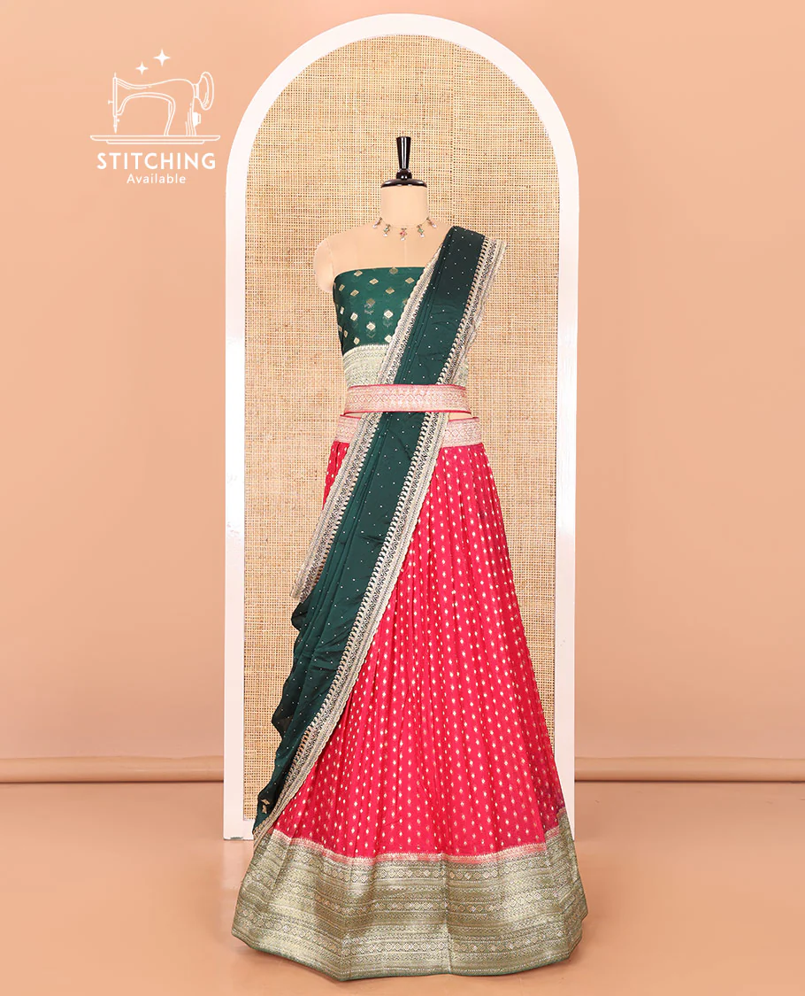 Rani pink Buttas Embroidered Half-Saree with Contrast Traditional Motifs, Embroidered Viscose Georgette Border, Contrast Blouse, Intricately Embroidered Syska Georgette Dhavani, and a Embroidered Belt