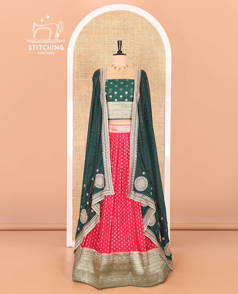 Rani pink Buttas Embroidered Half-Saree with Contrast Traditional Motifs, Embroidered Viscose Georgette Border, Contrast Blouse, Intricately Embroidered Syska Georgette Dhavani, and a Embroidered Belt - Image 2