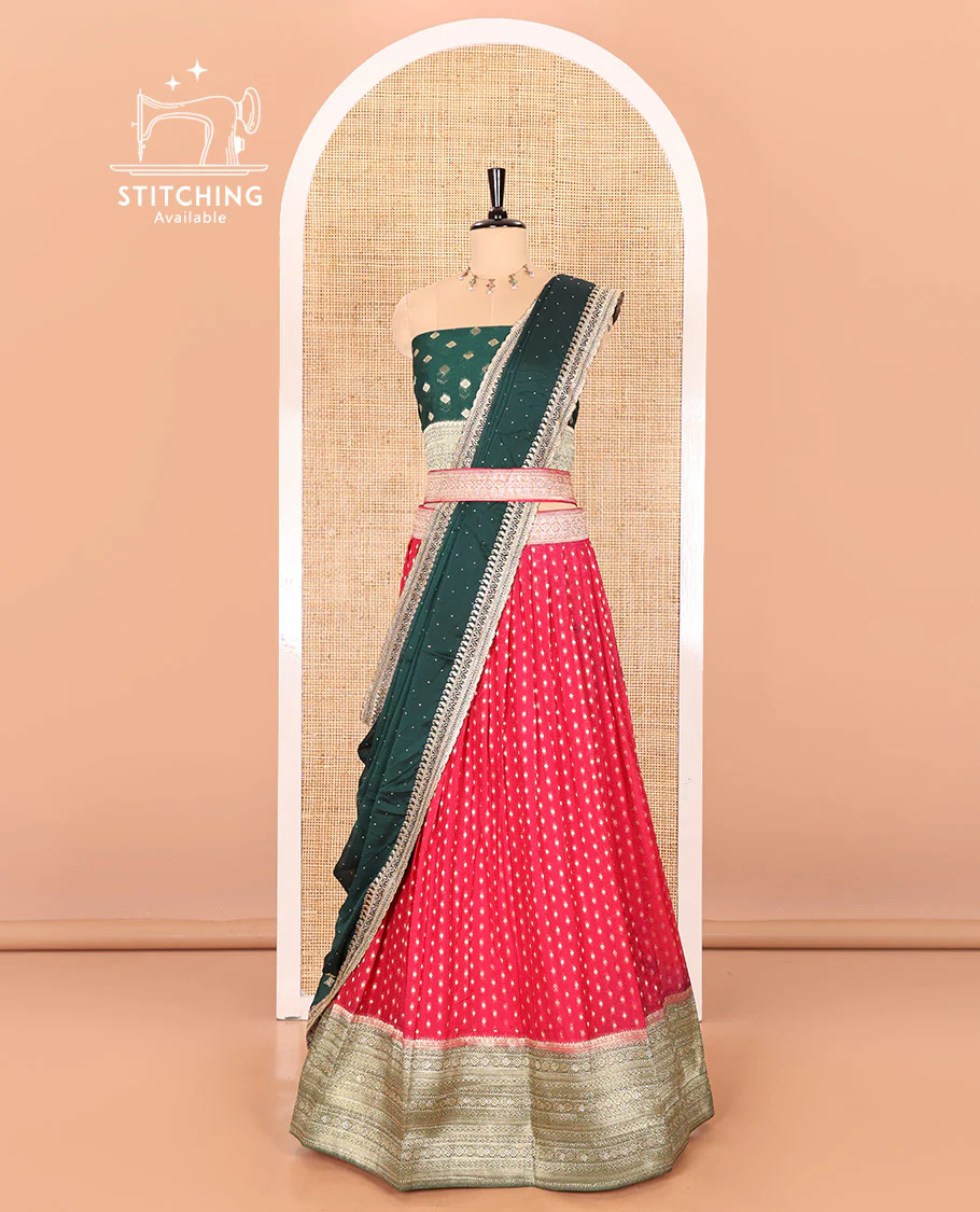 Rani pink Buttas Embroidered Half-Saree with Contrast Traditional Motifs, Embroidered Viscose Georgette Border, Contrast Blouse, Intricately Embroidered Syska Georgette Dhavani, and a Embroidered Belt - Image 3