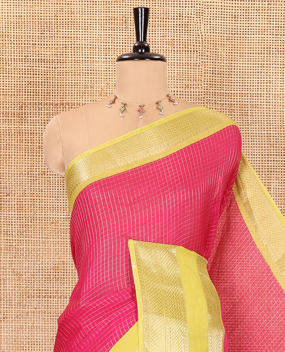 Rani pink checked moss chiffon saree with contrast traditional zari design border, checked pallu, and a contrast zari design blouse - Image 2