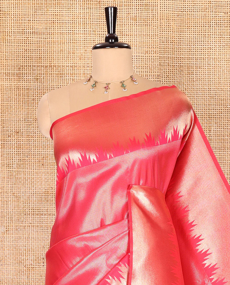Rani Pink Elite Soft Silk Saree Gleamed Up with Vaira Oosi Stripes, Featuring a Temple Zari Border, Zari Elevated Pallu, and a Matching Zari Design Blouse - Image 2