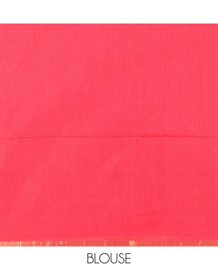 Rani pink floral design batik-printed Bhagalpur cotton saree, zari piping border, batik-printed pallu, and a plain blouse - Image 3