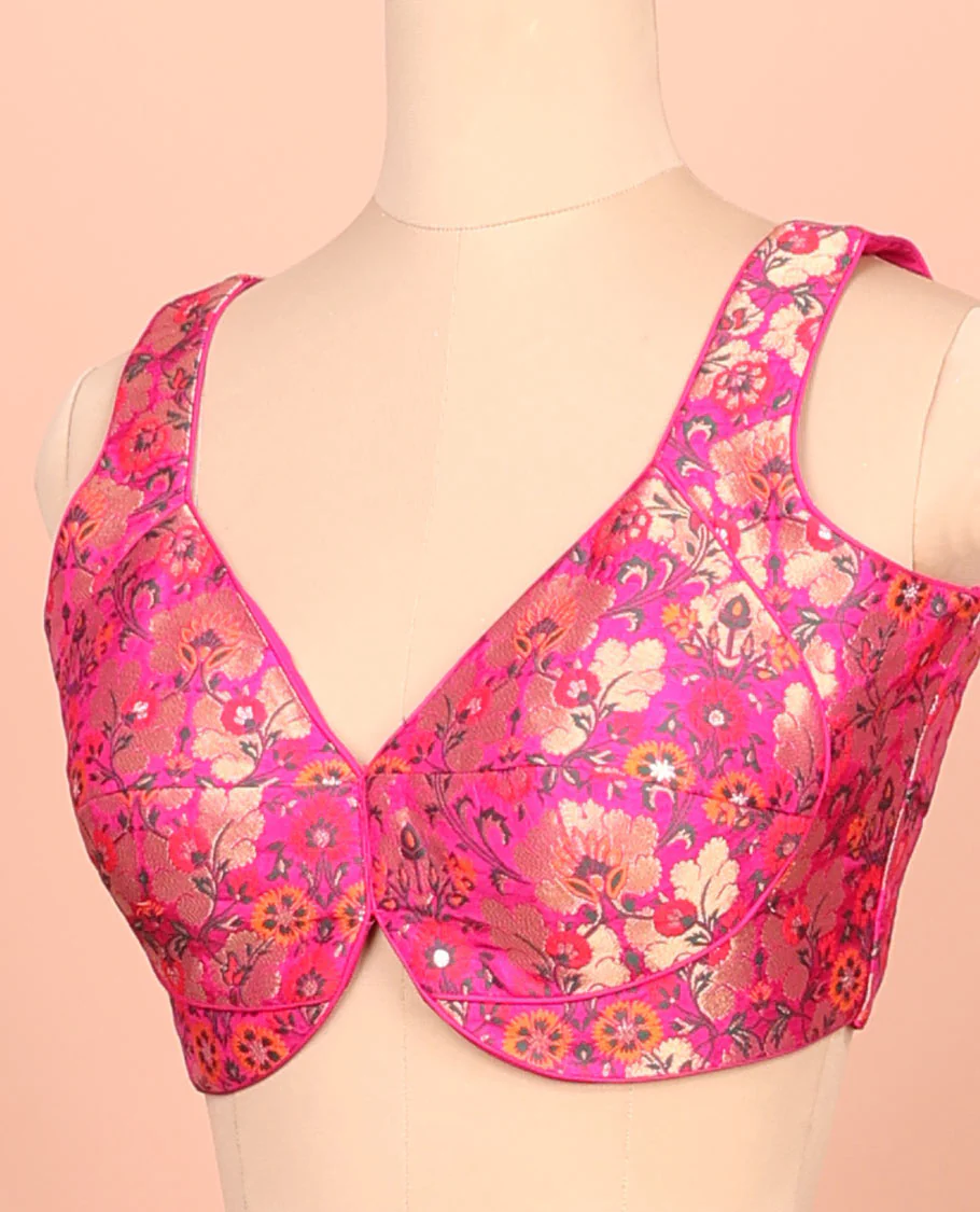 Rani pink floral meenakari jacquard front-back V-neck sleeveless readymade blouse - Image 2