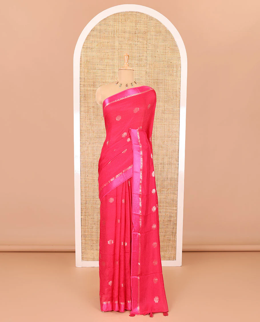 Rani pink floral zari buttas viscose khadi silk saree, traditional zari satin border, floral zari buttas woven pallu, and a matching zari design blouse - Image 2