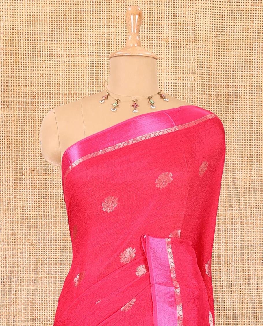 Rani pink floral zari buttas viscose khadi silk saree, traditional zari satin border, floral zari buttas woven pallu, and a matching zari design blouse - Image 3