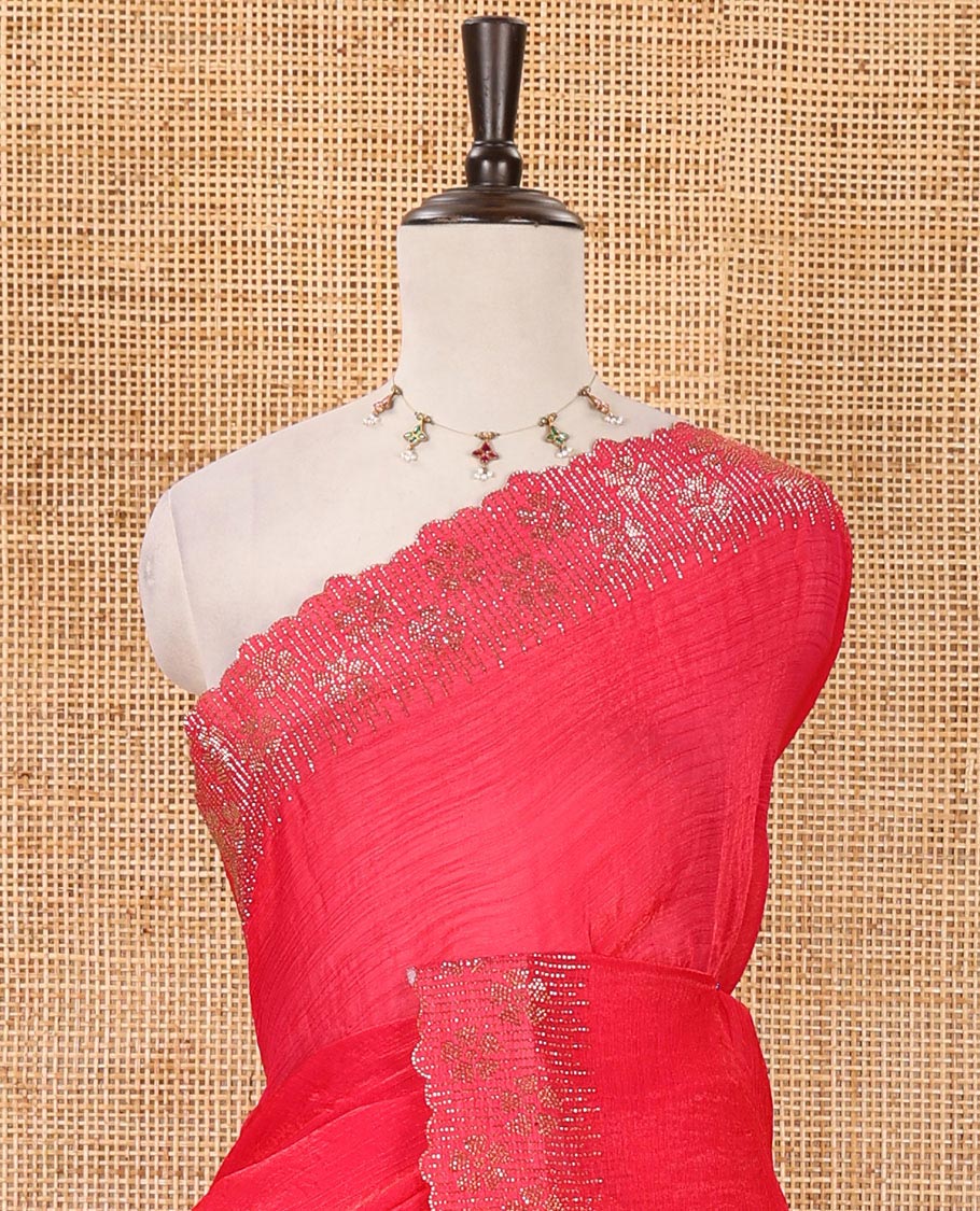 Rani pink full-plain Fendy satin saree, scallop floral micro-stone embroidered border, self-pallu & contrast stone work blouse - Image 3