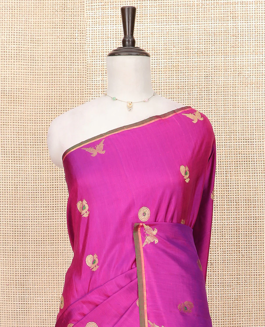 Rani Pink Gadwal Saree Zari Embellished with Peacock Chakram Buttas, Subtle Piping Border, Pallu of Bird Buttas, and a Contrast Blouse of Zari Buttas - Image 2