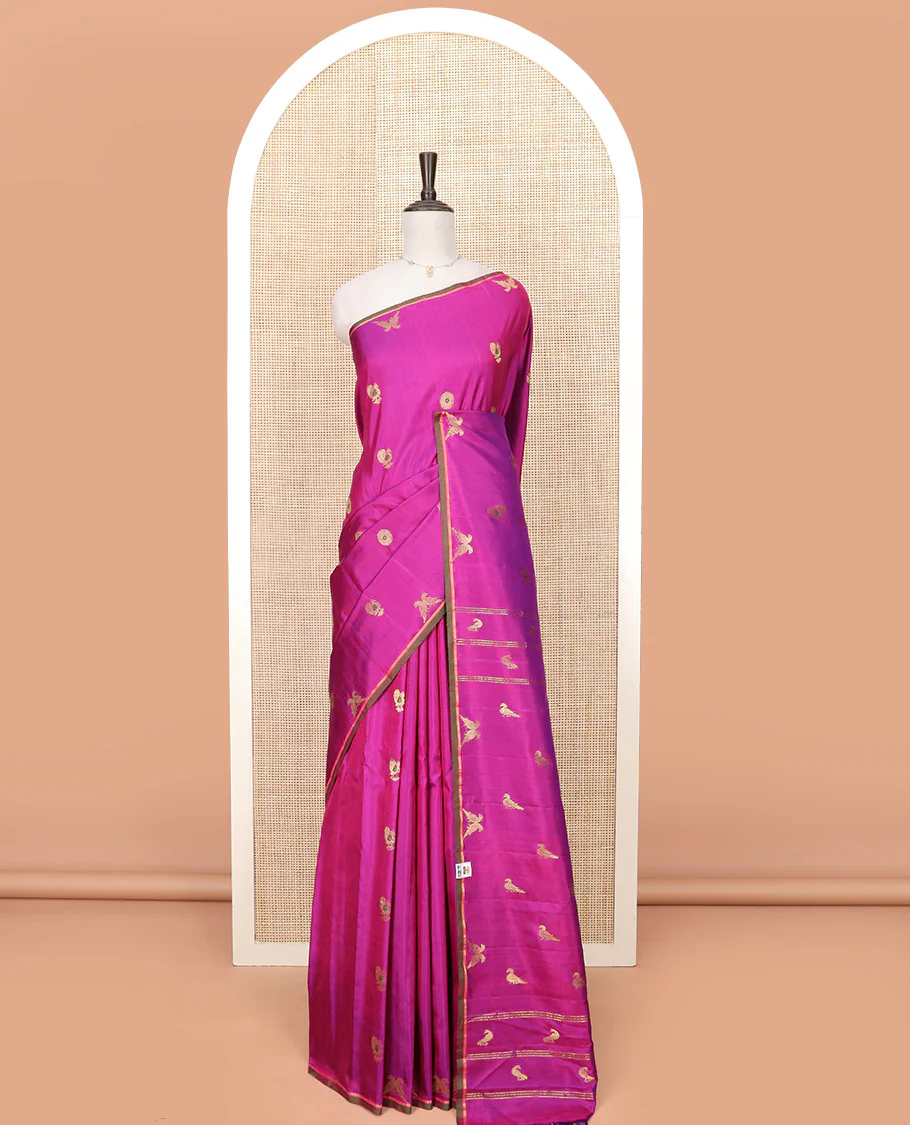 Rani Pink Gadwal Saree Zari Embellished with Peacock Chakram Buttas, Subtle Piping Border, Pallu of Bird Buttas, and a Contrast Blouse of Zari Buttas - Image 3