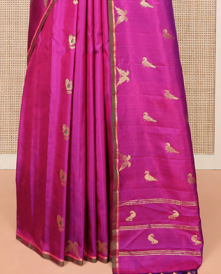 Rani Pink Gadwal Saree Zari Embellished with Peacock Chakram Buttas, Subtle Piping Border, Pallu of Bird Buttas, and a Contrast Blouse of Zari Buttas - Image 4