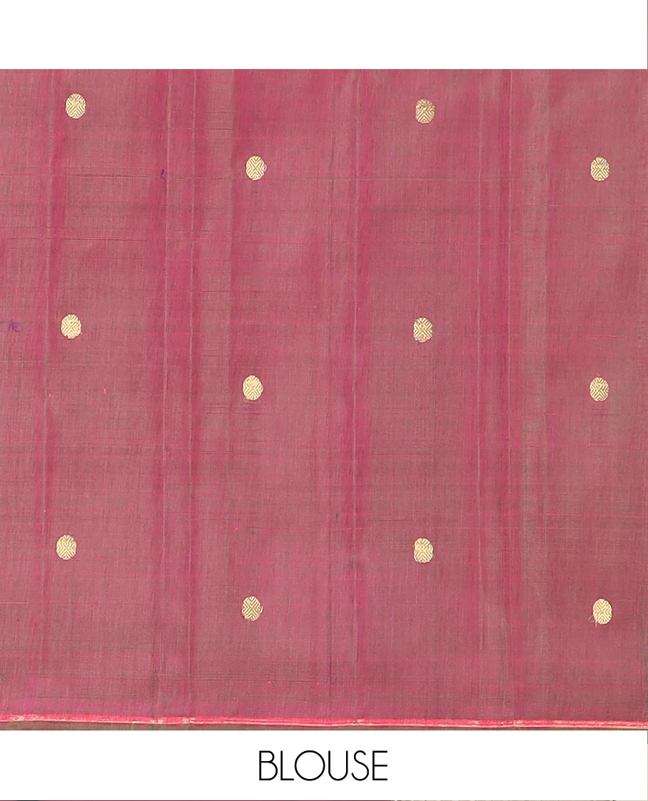 Rani Pink Gadwal Saree Zari Embellished with Peacock Chakram Buttas, Subtle Piping Border, Pallu of Bird Buttas, and a Contrast Blouse of Zari Buttas - Image 5