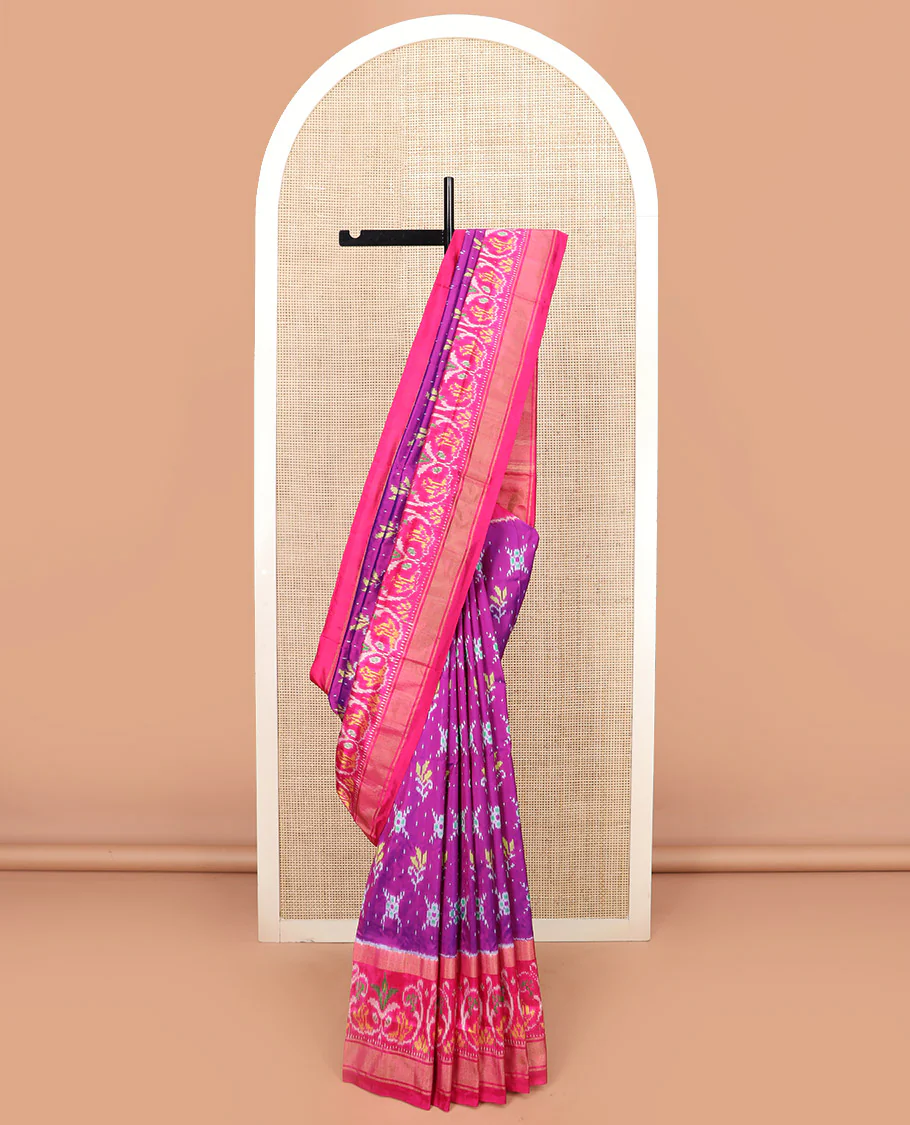 Rani Pink Ikkat Silk Saree Adorned with Colourful Buttas, Complemented by an Ikkat Woven Border, a Colourfully Woven Ikkat Pallu, and a Contrast Blouse - Image 2