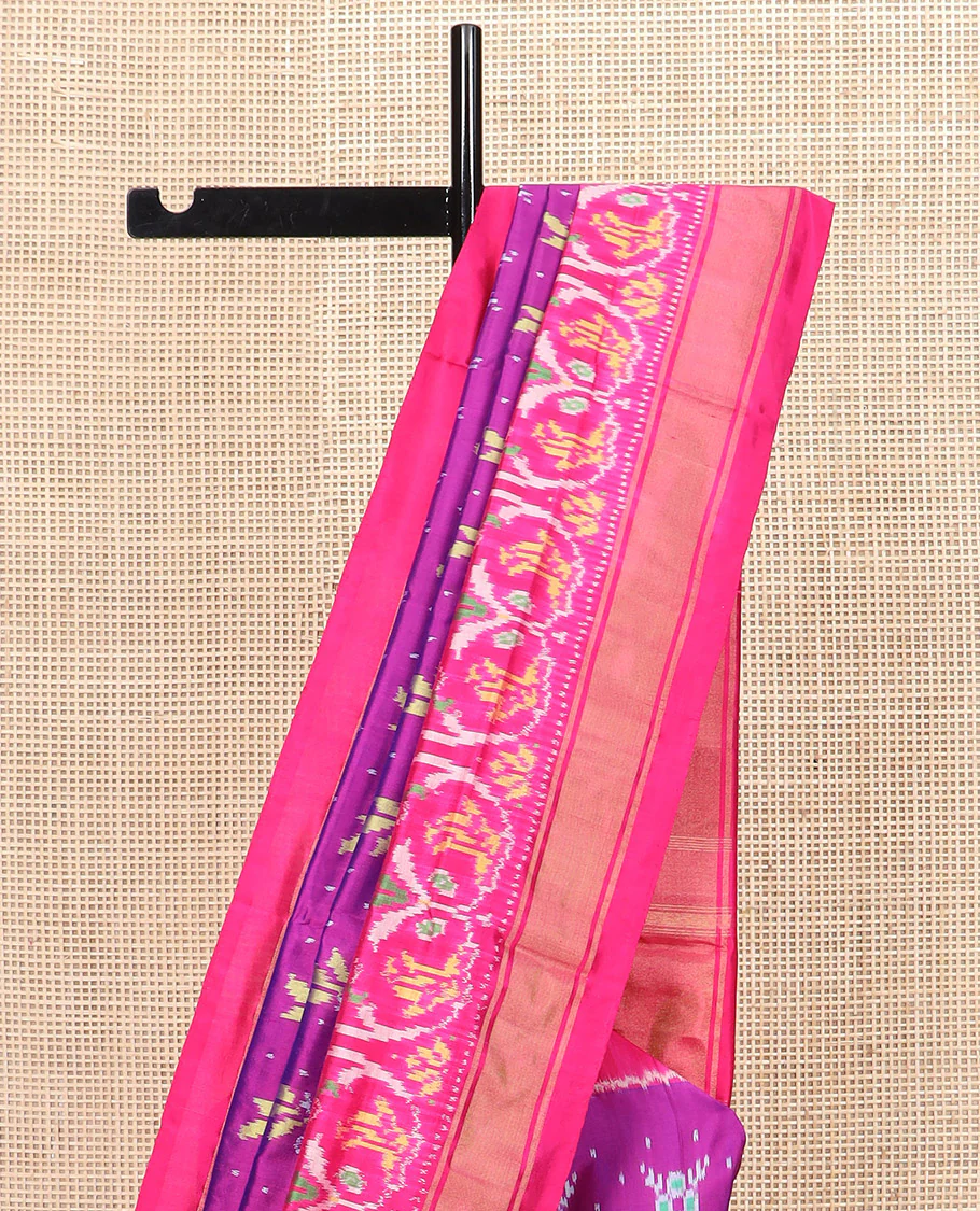 Rani Pink Ikkat Silk Saree Adorned with Colourful Buttas, Complemented by an Ikkat Woven Border, a Colourfully Woven Ikkat Pallu, and a Contrast Blouse - Image 3