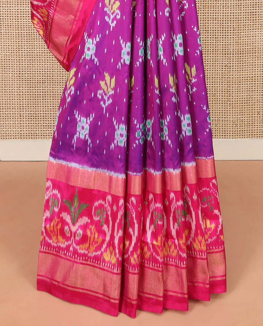 Rani Pink Ikkat Silk Saree Adorned with Colourful Buttas, Complemented by an Ikkat Woven Border, a Colourfully Woven Ikkat Pallu, and a Contrast Blouse - Image 4