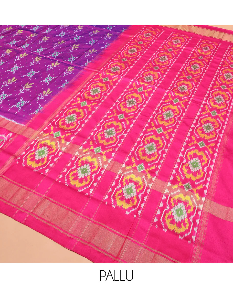 Rani Pink Ikkat Silk Saree Adorned with Colourful Buttas, Complemented by an Ikkat Woven Border, a Colourfully Woven Ikkat Pallu, and a Contrast Blouse - Image 5