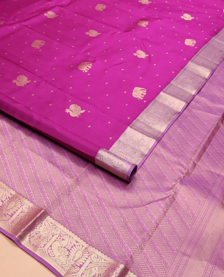 Rani pink mayil and yaanai buttas Vasundhara silk saree, contrast border of rekku, kathir, mayil, and yaanai designs, and pallu of geometric patterns - Image 2